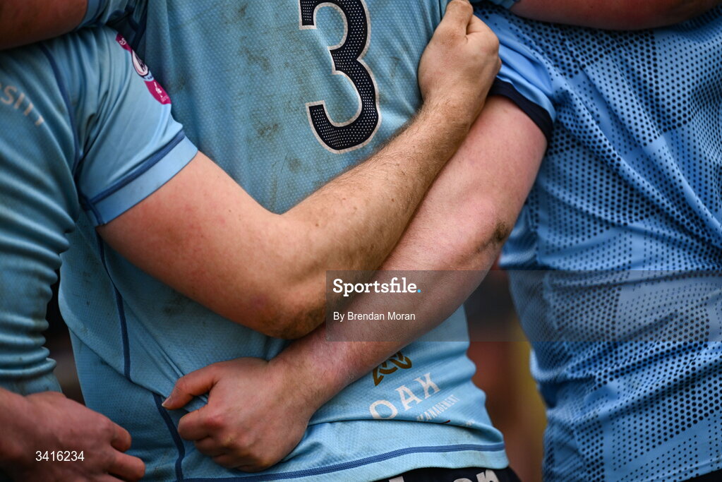 4 April 2026; MU Barnhall players huddle after the Energia Men's All-Ireland League Division match between MU Barnhall and Wanderers RFC at MU Barnhall RFC in Parsonstown, Kildare. Photo by Brendan Moran/Sportsfile