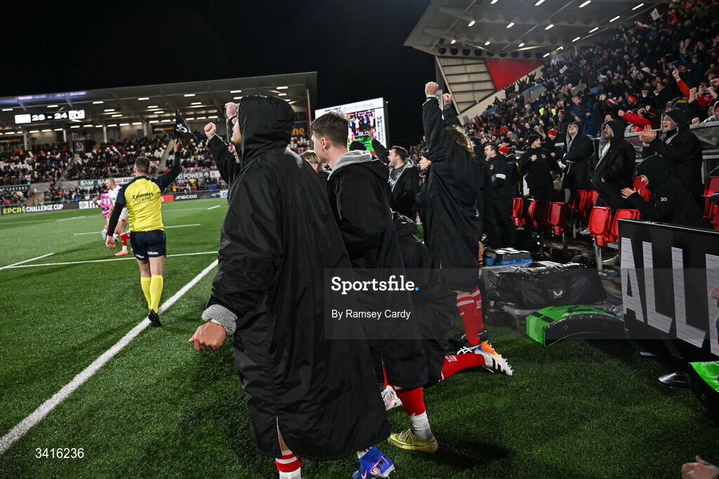 4 April 2026; The Ulster substitutes bench react at the final whistle of the EPCR Challenge Cup match between Ulster and Ospreys at Affidea Stadium in Belfast. Photo by Ramsey Cardy/Sportsfile