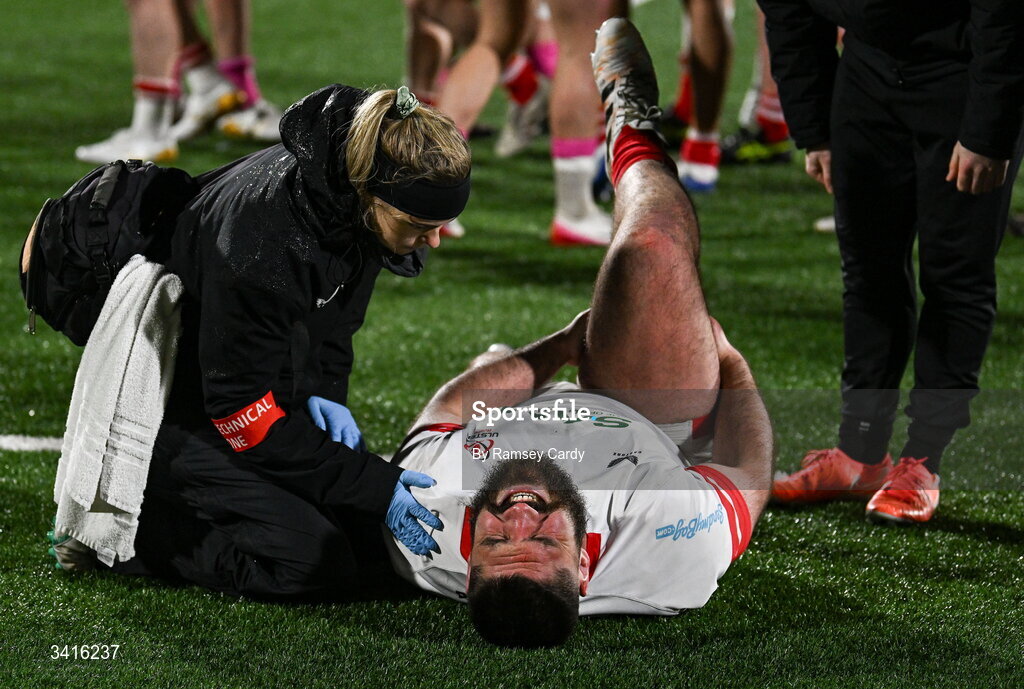 4 April 2026; Tom O'Toole of Ulster reacts after the EPCR Challenge Cup match between Ulster and Ospreys at Affidea Stadium in Belfast. Photo by Ramsey Cardy/Sportsfile