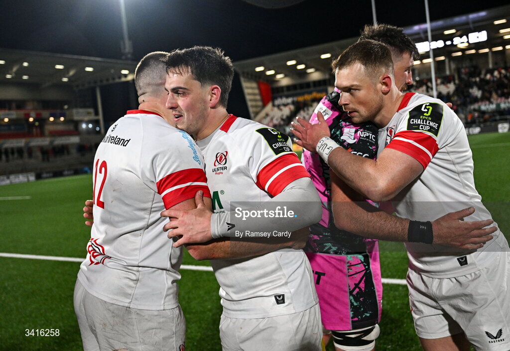 4 April 2026; Ulster players, from left, Stuart McCloskey, James Hume and Zac Ward after the EPCR Challenge Cup match between Ulster and Ospreys at Affidea Stadium in Belfast. Photo by Ramsey Cardy/Sportsfile