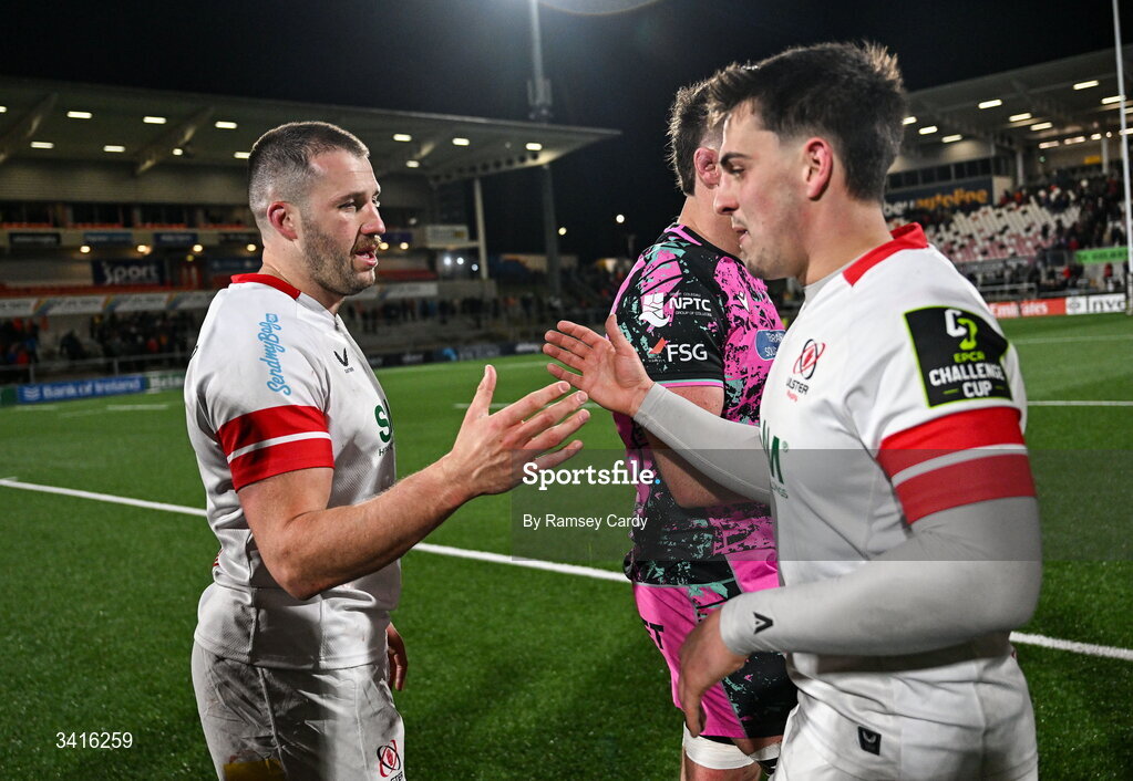 4 April 2026; Stuart McCloskey, left, and James Hume of Ulster after the EPCR Challenge Cup match between Ulster and Ospreys at Affidea Stadium in Belfast. Photo by Ramsey Cardy/Sportsfile