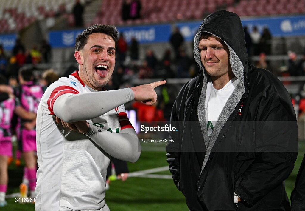 4 April 2026; James Hume, left, and Angus Bell of Ulster after the EPCR Challenge Cup match between Ulster and Ospreys at Affidea Stadium in Belfast. Photo by Ramsey Cardy/Sportsfile