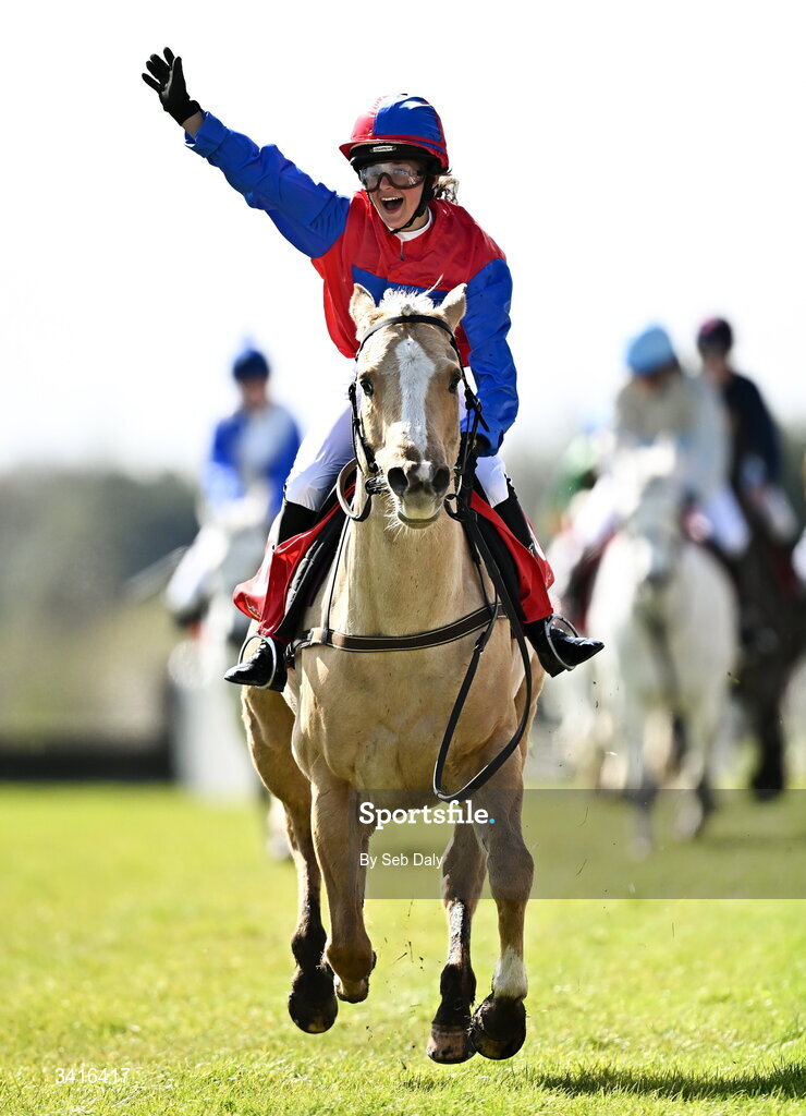 5 April 2026; Jockey Erin Sweeney, from Laois, celebrates as she crosses the line to win the Connolly's Red Mills Pony Club Exhibition Race on Cisco Sweet during day two of the Fairyhouse Easter Festival at Fairyhouse Racecourse in Ratoath, Meath. Photo by Seb Daly/Sportsfile