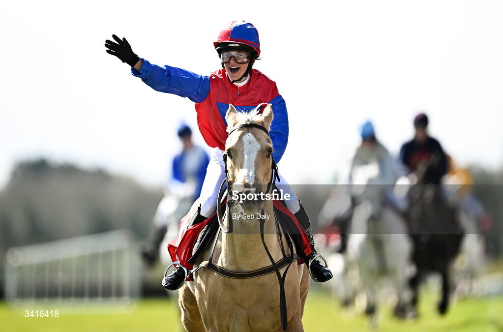 5 April 2026; Jockey Erin Sweeney, from Laois, celebrates as she crosses the line to win the Connolly's Red Mills Pony Club Exhibition Race on Cisco Sweet during day two of the Fairyhouse Easter Festival at Fairyhouse Racecourse in Ratoath, Meath. Photo by Seb Daly/Sportsfile