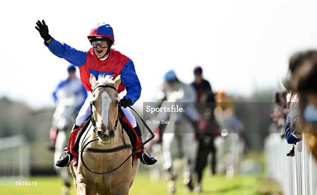 5 April 2026; Jockey Erin Sweeney, from Laois, celebrates as she crosses the line to win the Connolly's Red Mills Pony Club Exhibition Race on Cisco Sweet during day two of the Fairyhouse Easter Festival at Fairyhouse Racecourse in Ratoath, Meath. Photo by Seb Daly/Sportsfile