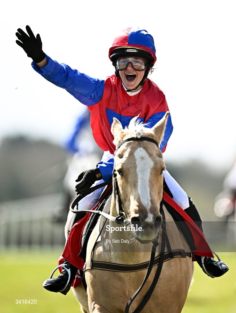 5 April 2026; Jockey Erin Sweeney, from Laois, celebrates as she crosses the line to win the Connolly's Red Mills Pony Club Exhibition Race on Cisco Sweet during day two of the Fairyhouse Easter Festival at Fairyhouse Racecourse in Ratoath, Meath. Photo by Seb Daly/Sportsfile