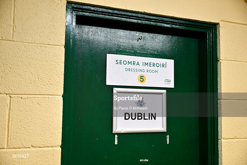 5 April 2026; The Dublin dressing room door before the Allianz Hurling League Division 1B final match between Clare and Dublin at TUS Gaelic Grounds in Limerick. Photo by Piaras Ó Mídheach/Sportsfile