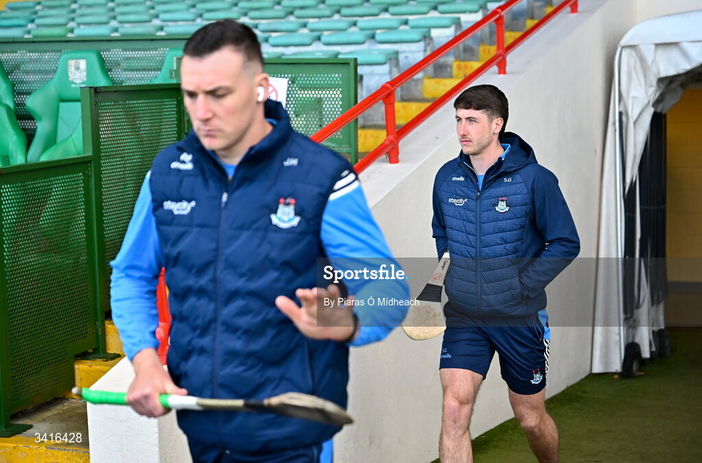5 April 2026; Seán Gallagher, right, and John Hetherton of Dublin before the Allianz Hurling League Division 1B final match between Clare and Dublin at TUS Gaelic Grounds in Limerick. Photo by Piaras Ó Mídheach/Sportsfile