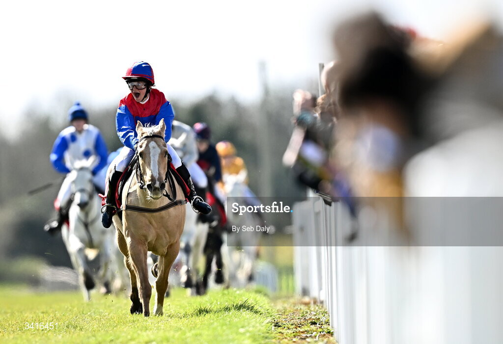 5 April 2026; Jockey Erin Sweeney, from Laois, reacts as she approaches the finish line to win the Connolly's Red Mills Pony Club Exhibition Race on Cisco Sweet during day two of the Fairyhouse Easter Festival at Fairyhouse Racecourse in Ratoath, Meath. Photo by Seb Daly/Sportsfile