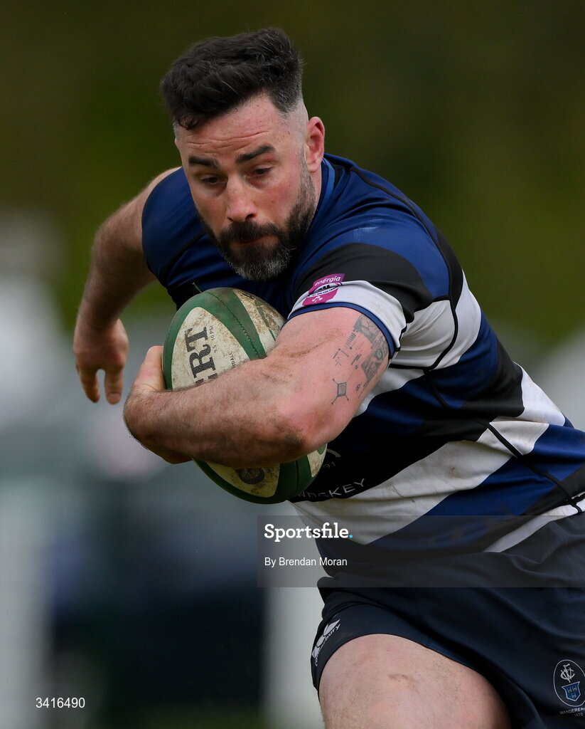 4 April 2026; Mick McGrath of Wanderers during the Energia Men's All-Ireland League Division match between MU Barnhall and Wanderers RFC at MU Barnhall RFC in Parsonstown, Kildare. Photo by Brendan Moran/Sportsfile