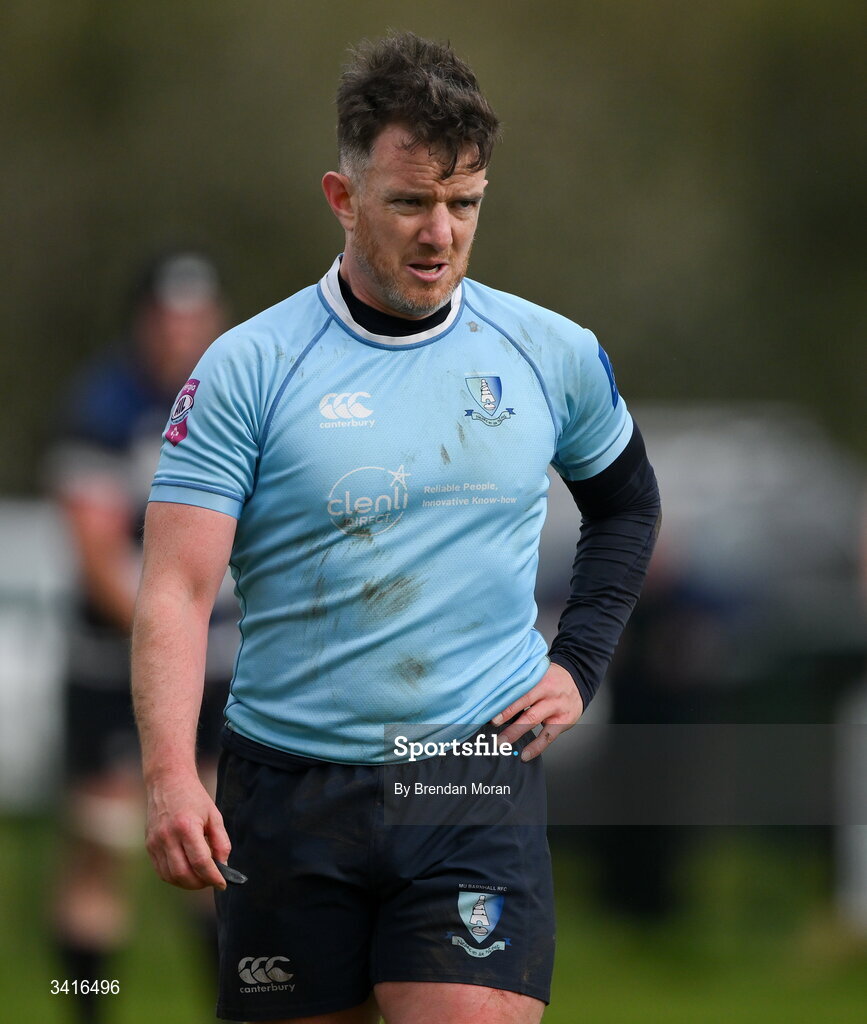 4 April 2026; Rob Holt of MU Barnhall during the Energia Men's All-Ireland League Division match between MU Barnhall and Wanderers RFC at MU Barnhall RFC in Parsonstown, Kildare. Photo by Brendan Moran/Sportsfile