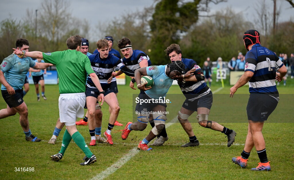 4 April 2026; Abdul Olaosebikan of MU Barnhall is tackled by Karl Madden of Wanderers during the Energia Men's All-Ireland League Division match between MU Barnhall and Wanderers RFC at MU Barnhall RFC in Parsonstown, Kildare. Photo by Brendan Moran/Sportsfile