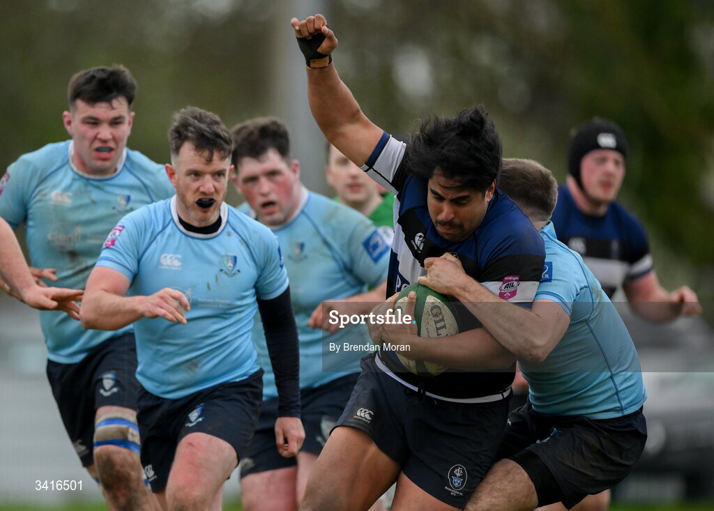 4 April 2026; Deon Mau'u of Wanderers is tackled by Shane Mallon of MU Barnhall during the Energia Men's All-Ireland League Division match between MU Barnhall and Wanderers RFC at MU Barnhall RFC in Parsonstown, Kildare. Photo by Brendan Moran/Sportsfile