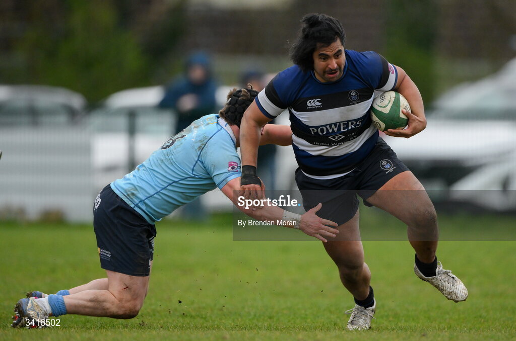 4 April 2026; Deon Mau'u of Wanderers is tackled by Finn Brien of MU Barnhall during the Energia Men's All-Ireland League Division match between MU Barnhall and Wanderers RFC at MU Barnhall RFC in Parsonstown, Kildare. Photo by Brendan Moran/Sportsfile