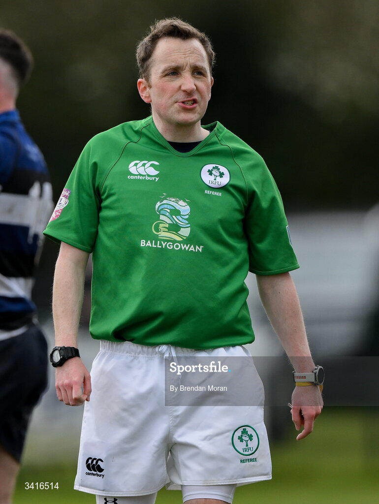4 April 2026; Referee Shane Tuohy during the Energia Men's All-Ireland League Division match between MU Barnhall and Wanderers RFC at MU Barnhall RFC in Parsonstown, Kildare. Photo by Brendan Moran/Sportsfile