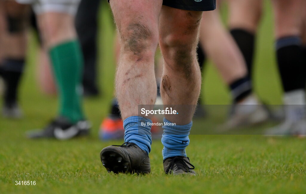 4 April 2026; A general view of rugby boots during the Energia Men's All-Ireland League Division match between MU Barnhall and Wanderers RFC at MU Barnhall RFC in Parsonstown, Kildare. Photo by Brendan Moran/Sportsfile