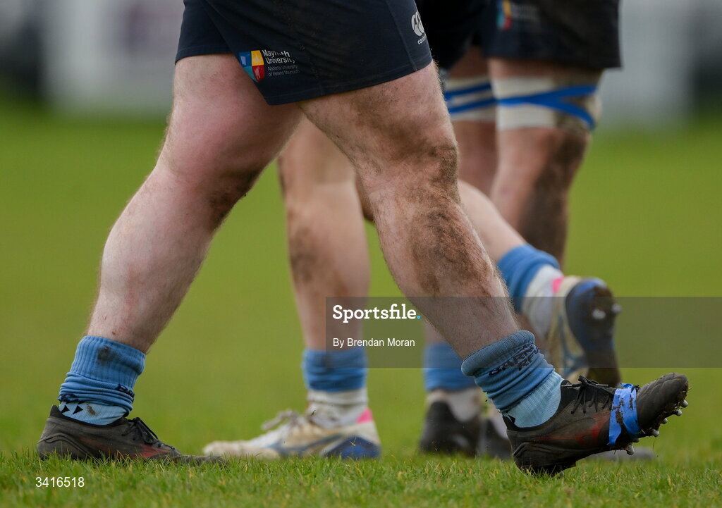 4 April 2026; A general view of rugby boots during the Energia Men's All-Ireland League Division match between MU Barnhall and Wanderers RFC at MU Barnhall RFC in Parsonstown, Kildare. Photo by Brendan Moran/Sportsfile