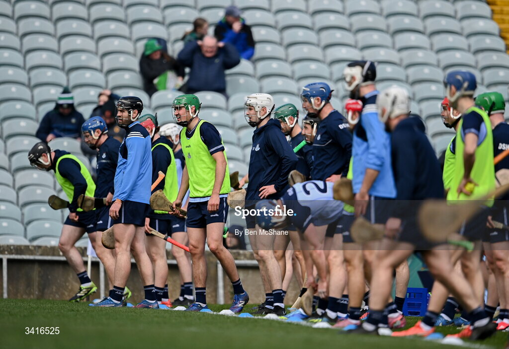 5 April 2026; Dublin players warm-up before the Allianz Hurling League Division 1B final match between Clare and Dublin at TUS Gaelic Grounds in Limerick. Photo by Ben McShane/Sportsfile