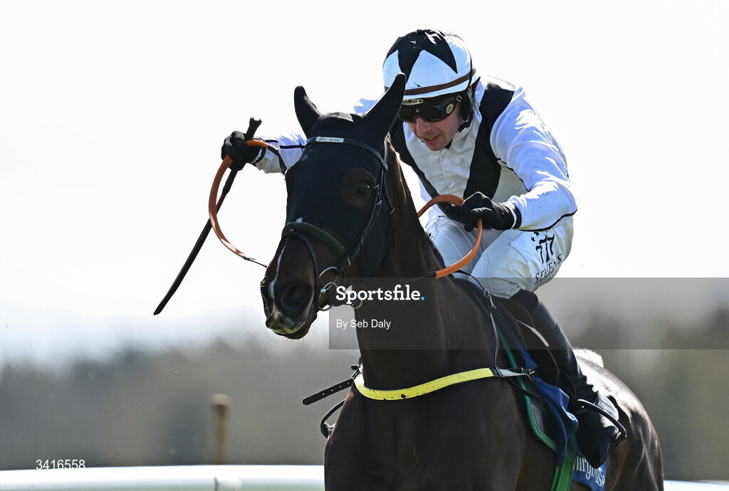 5 April 2026; Colcannon, with Donagh Meyler up, on their way to winning the Ryan's Cleaning Maiden Hurdle during day two of the Fairyhouse Easter Festival at Fairyhouse Racecourse in Ratoath, Meath. Photo by Seb Daly/Sportsfile