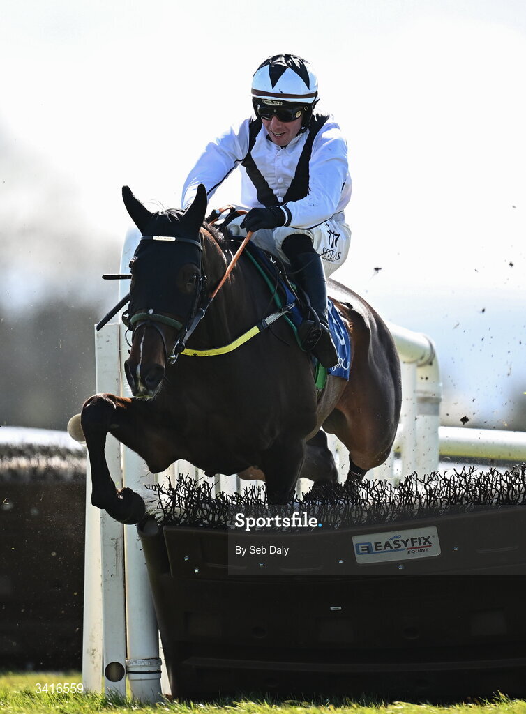 5 April 2026; Colcannon, with Donagh Meyler up, jumps the last on their way to winning the Ryan's Cleaning Maiden Hurdle during day two of the Fairyhouse Easter Festival at Fairyhouse Racecourse in Ratoath, Meath. Photo by Seb Daly/Sportsfile