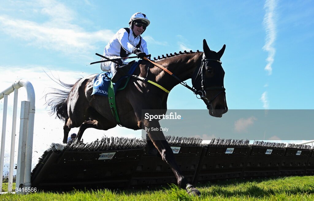 5 April 2026; Colcannon, with Donagh Meyler up, jumps the last on their way to winning the Ryan's Cleaning Maiden Hurdle during day two of the Fairyhouse Easter Festival at Fairyhouse Racecourse in Ratoath, Meath. Photo by Seb Daly/Sportsfile