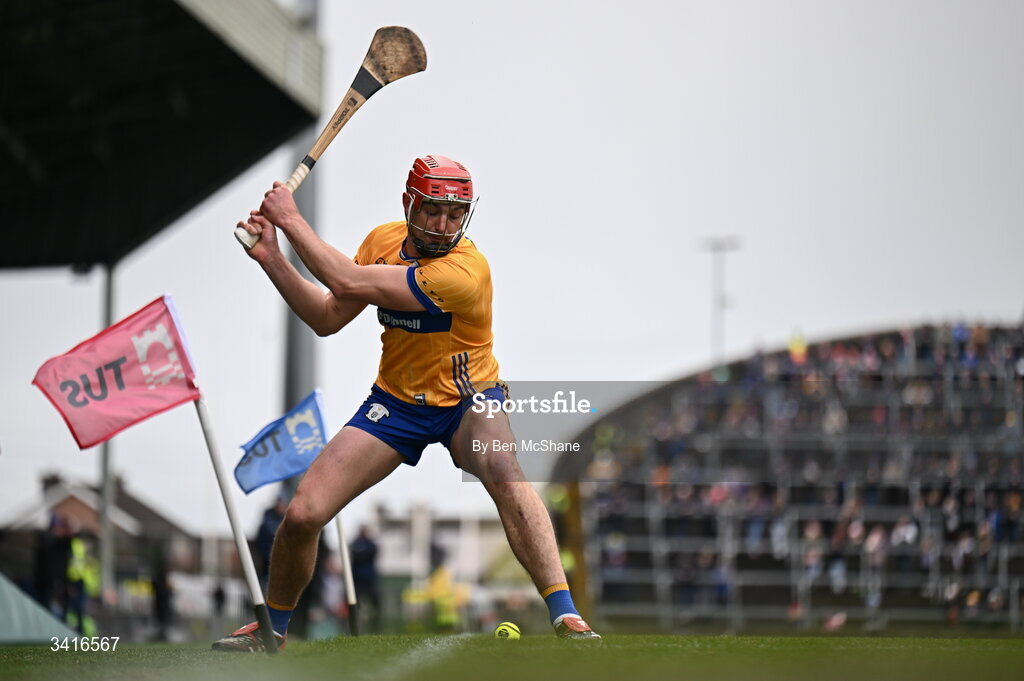 5 April 2026; Peter Duggan of Clare takes a sideline cut during the Allianz Hurling League Division 1B final match between Clare and Dublin at TUS Gaelic Grounds in Limerick. Photo by Ben McShane/Sportsfile