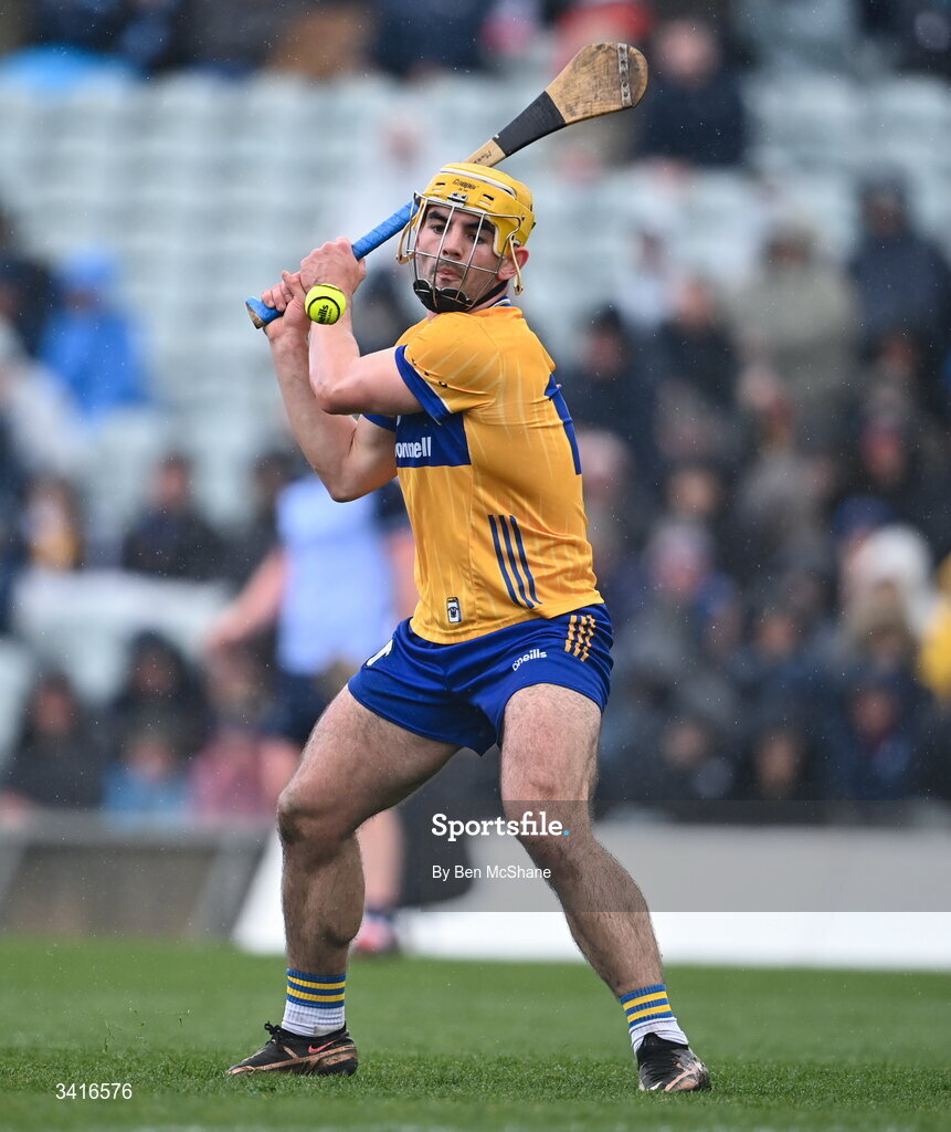 5 April 2026; Mark Rodgers of Clare scores a free during the Allianz Hurling League Division 1B final match between Clare and Dublin at TUS Gaelic Grounds in Limerick. Photo by Ben McShane/Sportsfile