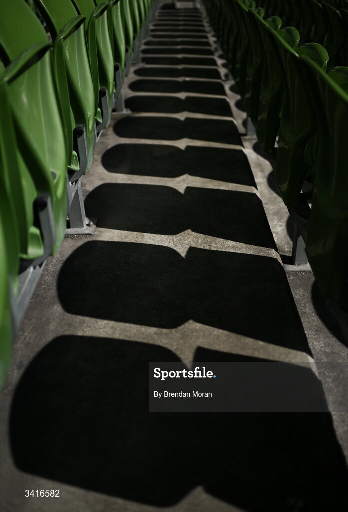 5 April 2026; Shadows in between the seats in the stands before the Investec Champions Cup match between Leinster and Edinburgh at the Aviva Stadium in Dublin. Photo by Brendan Moran/Sportsfile