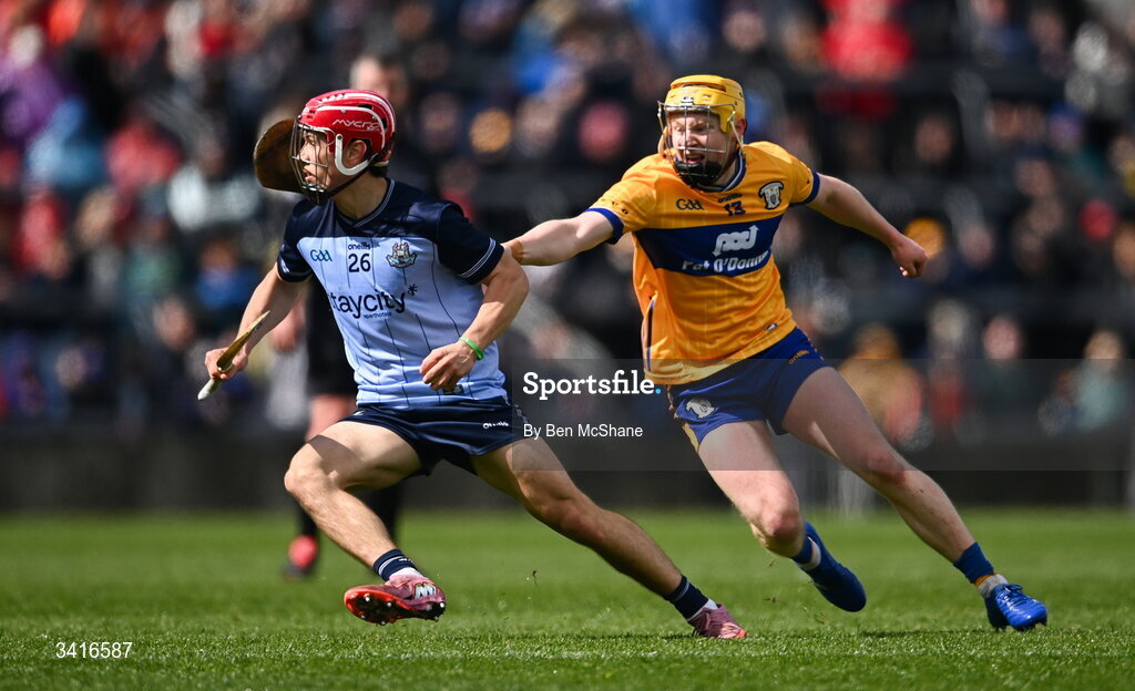 5 April 2026; Conor Groarke of Dublin in action against Shane Meehan of Clare during the Allianz Hurling League Division 1B final match between Clare and Dublin at TUS Gaelic Grounds in Limerick. Photo by Ben McShane/Sportsfile