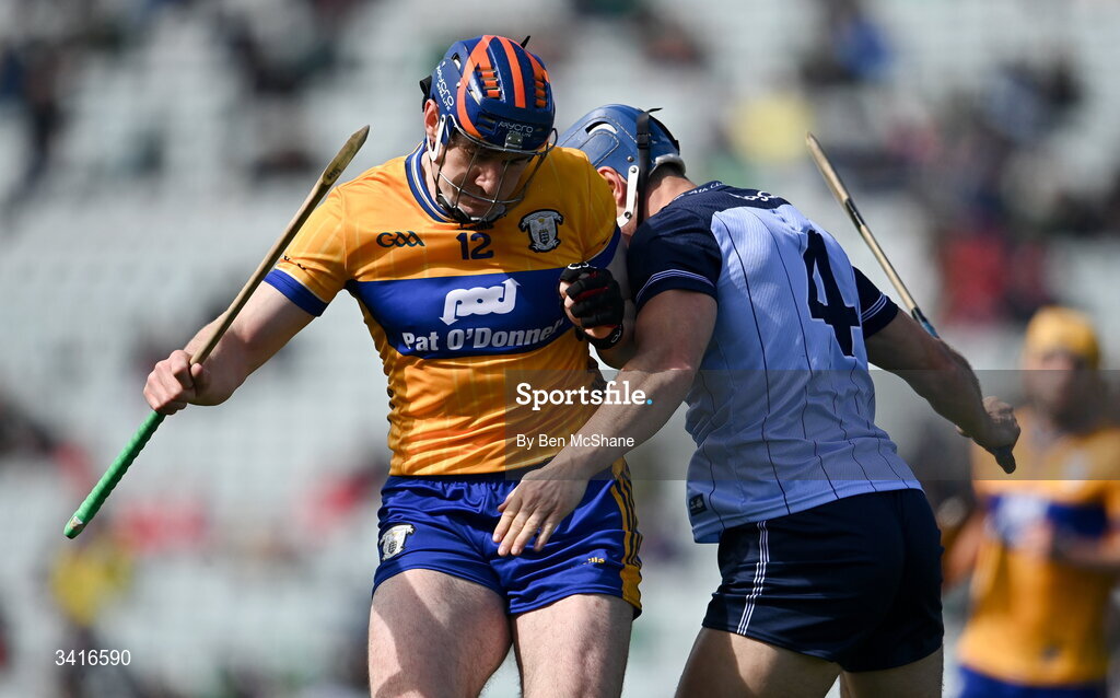 5 April 2026; David Fitzgerald of Clare is tackled by Eoghan O'Donnell of Dublin during the Allianz Hurling League Division 1B final match between Clare and Dublin at TUS Gaelic Grounds in Limerick. Photo by Ben McShane/Sportsfile