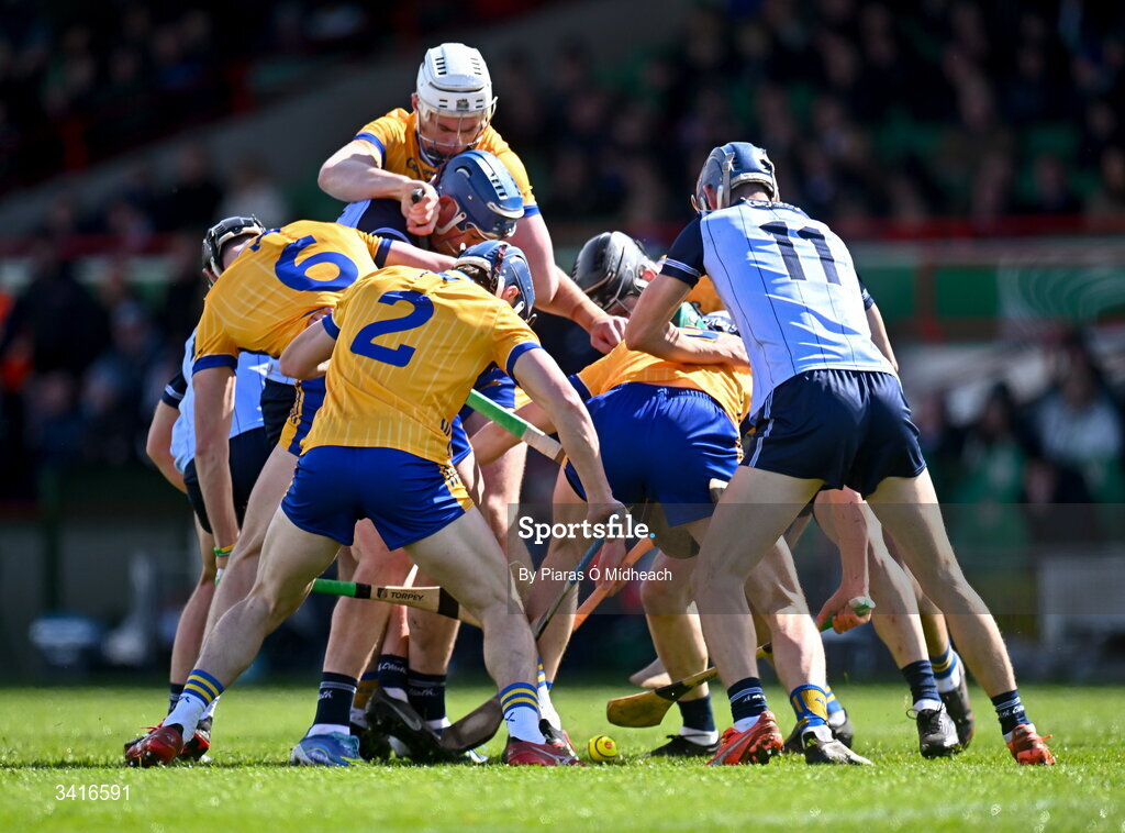 5 April 2026; Players battle for the loose ball during the Allianz Hurling League Division 1B final match between Clare and Dublin at TUS Gaelic Grounds in Limerick. Photo by Piaras Ó Mídheach/Sportsfile