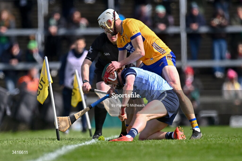 5 April 2026; Diarmuid Ó Dúlaing of Dublin in action against Ryan Taylor of Clare during the Allianz Hurling League Division 1B final match between Clare and Dublin at TUS Gaelic Grounds in Limerick. Photo by Piaras Ó Mídheach/Sportsfile