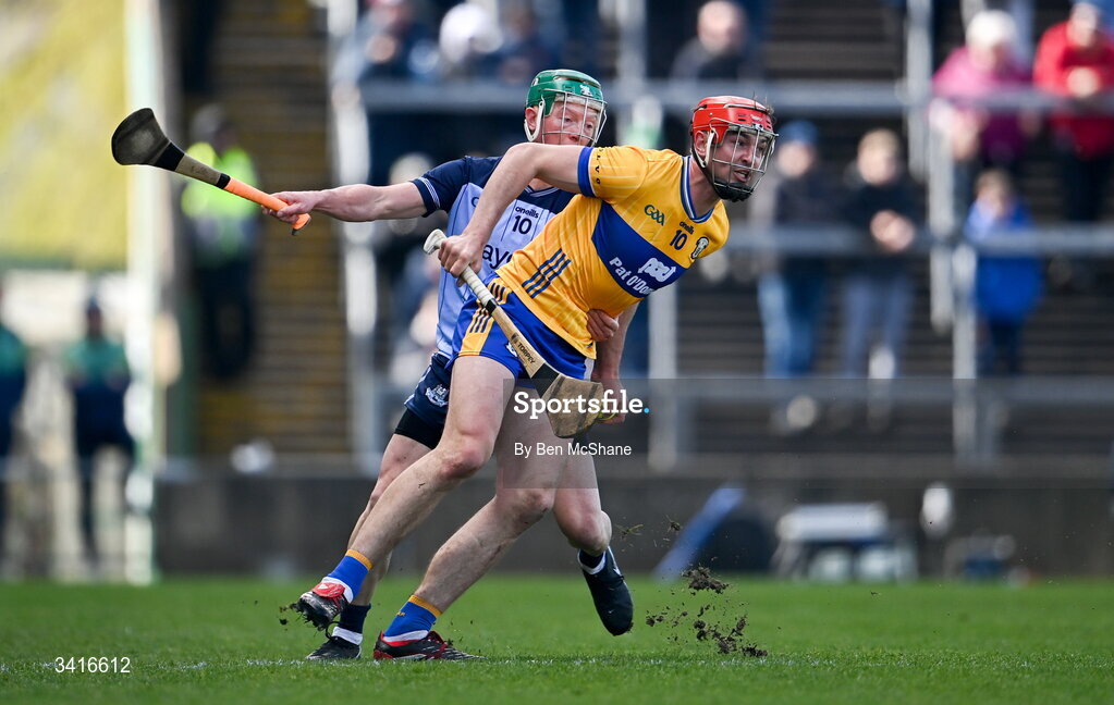 5 April 2026; Peter Duggan of Clare is tackled by Fergal Whitely of Dublin during the Allianz Hurling League Division 1B final match between Clare and Dublin at TUS Gaelic Grounds in Limerick. Photo by Ben McShane/Sportsfile