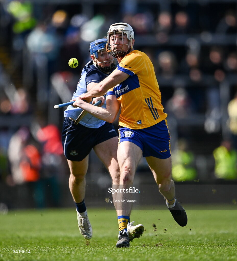 5 April 2026; Ryan Taylor of Clare is tackled by Conor Burke of Dublin during the Allianz Hurling League Division 1B final match between Clare and Dublin at TUS Gaelic Grounds in Limerick. Photo by Ben McShane/Sportsfile