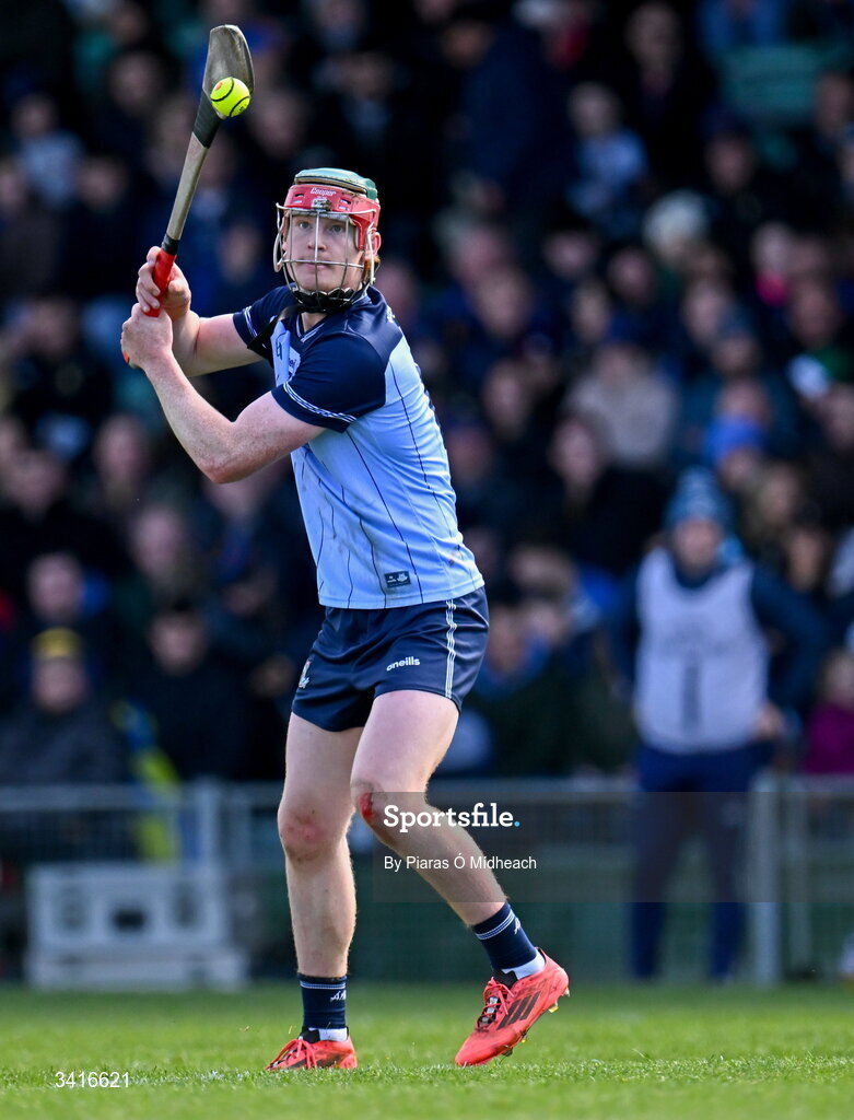 5 April 2026; Diarmuid Ó Dúlaing of Dublin scores a point from a free during the Allianz Hurling League Division 1B final match between Clare and Dublin at TUS Gaelic Grounds in Limerick. Photo by Piaras Ó Mídheach/Sportsfile