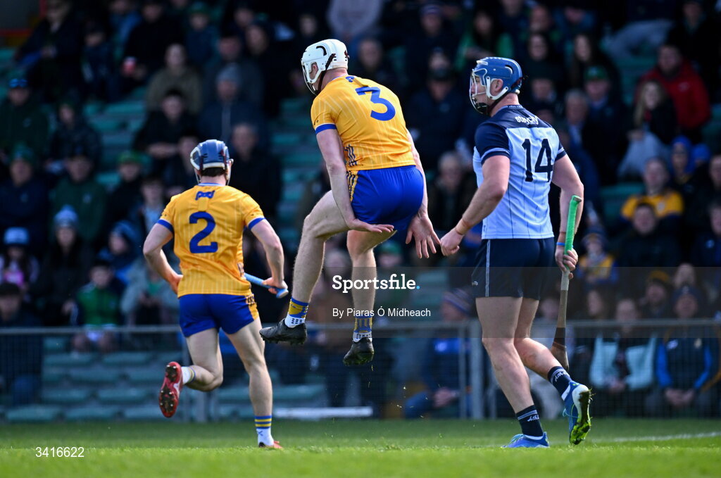 5 April 2026; Conor Cleary of Clare, 3, reacts after a free was awarded against him during the Allianz Hurling League Division 1B final match between Clare and Dublin at TUS Gaelic Grounds in Limerick. Photo by Piaras Ó Mídheach/Sportsfile