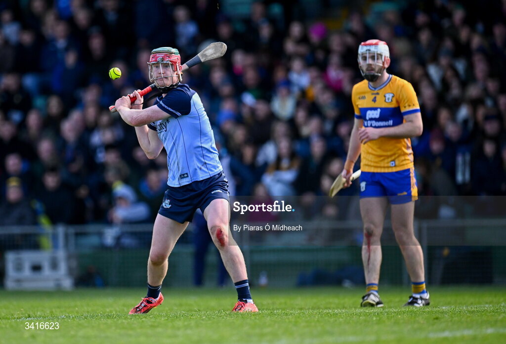 5 April 2026; Diarmuid Ó Dúlaing of Dublin scores a point from a free during the Allianz Hurling League Division 1B final match between Clare and Dublin at TUS Gaelic Grounds in Limerick. Photo by Piaras Ó Mídheach/Sportsfile