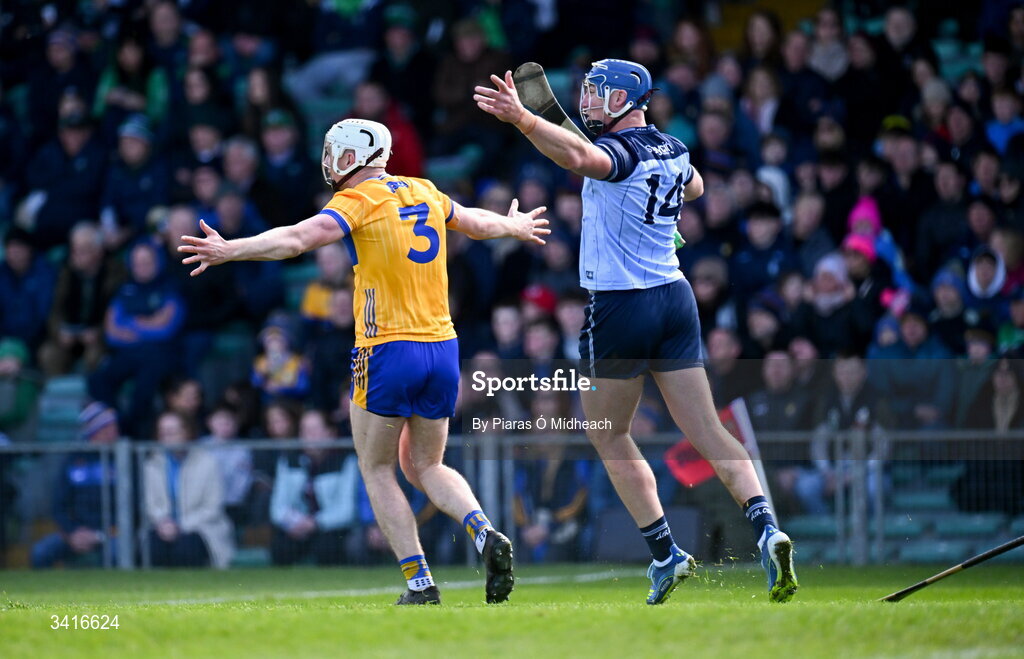 5 April 2026; Conor Cleary of Clare and John Hetherton of Dublin react after a free was awarded to Dublin by Thomas Walsh during the Allianz Hurling League Division 1B final match between Clare and Dublin at TUS Gaelic Grounds in Limerick. Photo by Piaras Ó Mídheach/Sportsfile