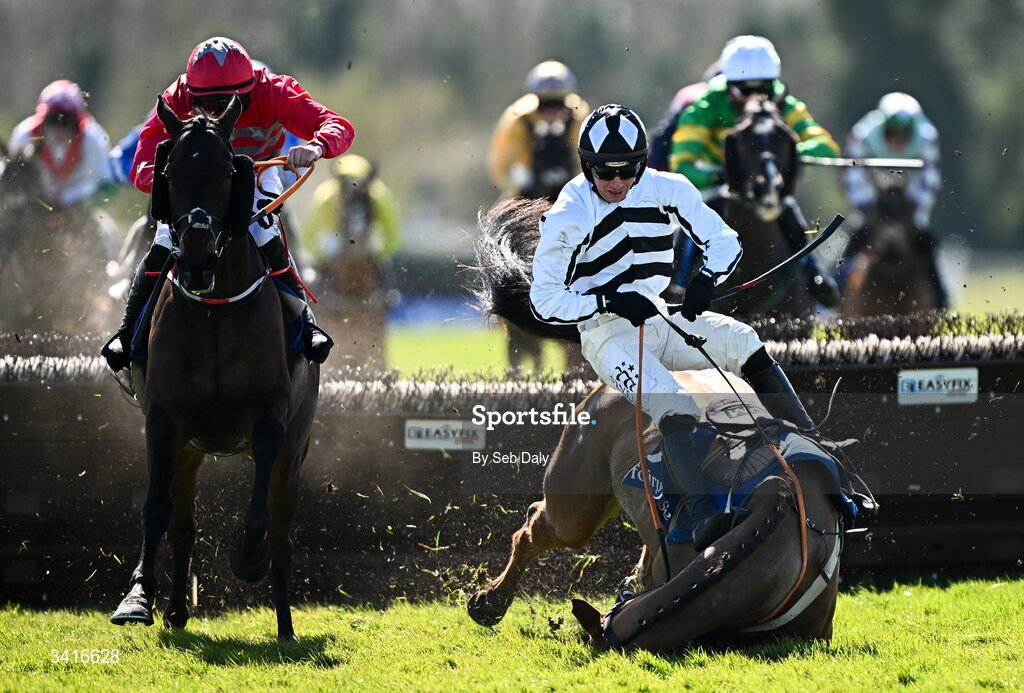 5 April 2026; Royal Soldier and jockey Donagh Meyler, right, fall at the last, as eventual winner Katie Daniels, left, with Ben Harvey up, races clear to win the Cawley Furniture Novice Handicap Hurdle during day two of the Fairyhouse Easter Festival at Fairyhouse Racecourse in Ratoath, Meath. Photo by Seb Daly/Sportsfile