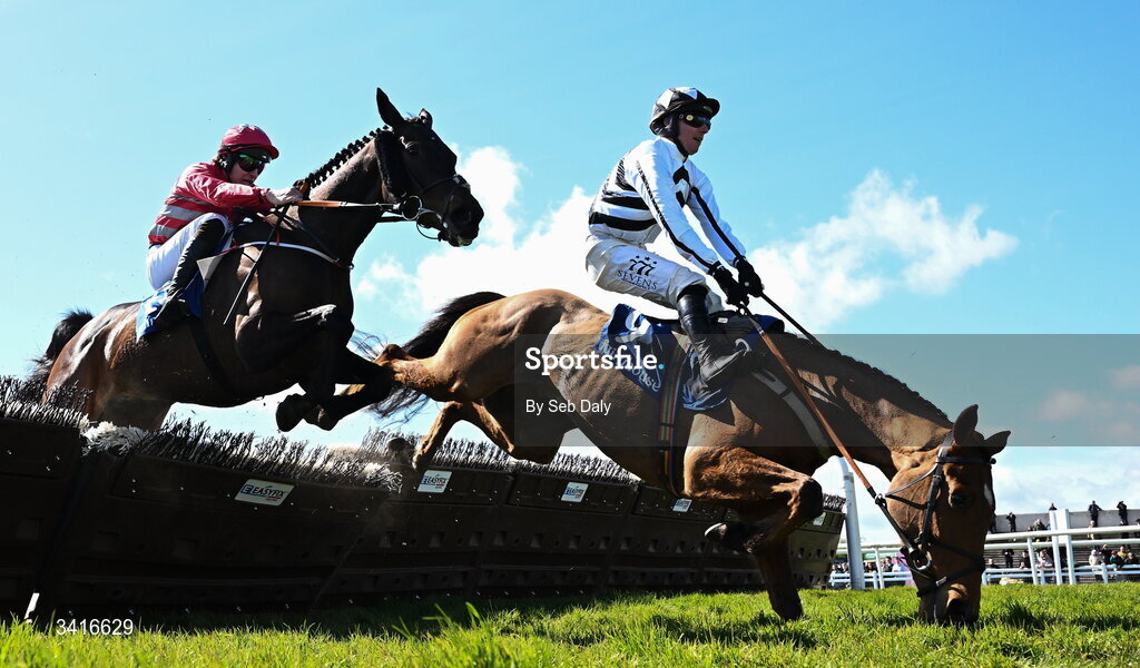 5 April 2026; Royal Soldier and jockey Donagh Meyler, right, fall at the last, as eventual winner Katie Daniels, left, with Ben Harvey up, clear the last on their way to winning the Cawley Furniture Novice Handicap Hurdle during day two of the Fairyhouse Easter Festival at Fairyhouse Racecourse in Ratoath, Meath. Photo by Seb Daly/Sportsfile