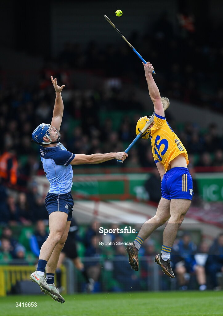 5 April 2026; Mark Rodgers of Clare in action against Eoghan O'Donnell of Dublin during the Allianz Hurling League Division 1B final match between Clare and Dublin at TUS Gaelic Grounds in Limerick. Photo by John Sheridan/Sportsfile
