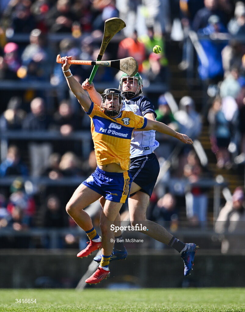 5 April 2026; David Reidy of Clare in action against Paddy Doyle of Dublin during the Allianz Hurling League Division 1B final match between Clare and Dublin at TUS Gaelic Grounds in Limerick. Photo by Ben McShane/Sportsfile