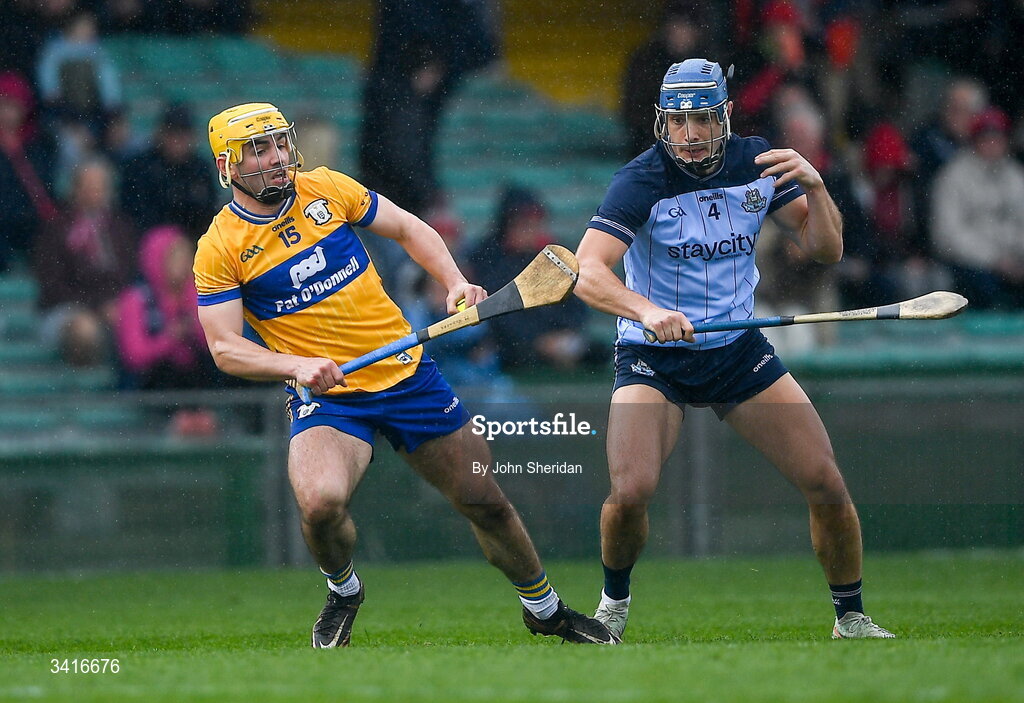 5 April 2026; Mark Rodgers of Clare in action against Eoghan O'Donnell of Dublin during the Allianz Hurling League Division 1B final match between Clare and Dublin at TUS Gaelic Grounds in Limerick. Photo by John Sheridan/Sportsfile