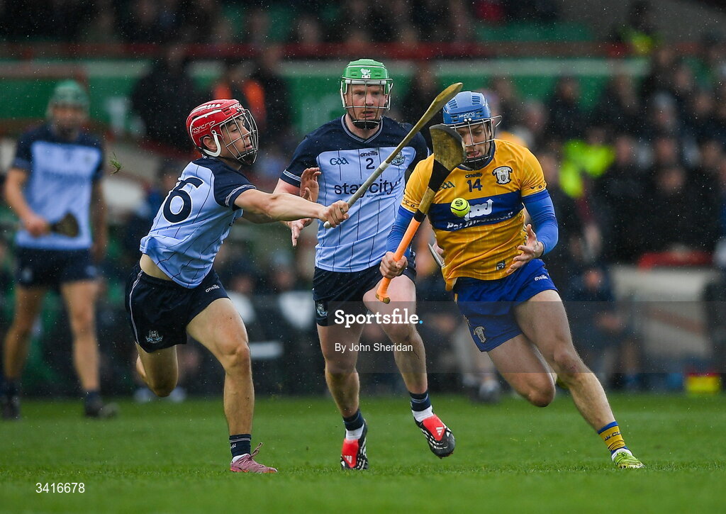 5 April 2026; Shane O'Donnell of Clare in action against Conor Groarke of Dublin during the Allianz Hurling League Division 1B final match between Clare and Dublin at TUS Gaelic Grounds in Limerick. Photo by John Sheridan/Sportsfile