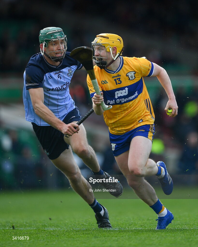 5 April 2026; Shane Meehan of Clare in action against Chris Crummey of Dublin during the Allianz Hurling League Division 1B final match between Clare and Dublin at TUS Gaelic Grounds in Limerick. Photo by John Sheridan/Sportsfile