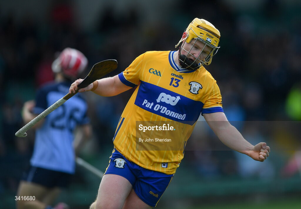 5 April 2026;Shane Meehan of Clare celebrates after scoring his side's second goal during the Allianz Hurling League Division 1B final match between Clare and Dublin at TUS Gaelic Grounds in Limerick. Photo by John Sheridan/Sportsfile