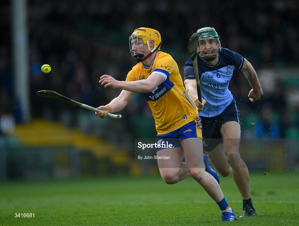 5 April 2026; Shane Meehan of Clare in action against Chris Crummey of Dublin during the Allianz Hurling League Division 1B final match between Clare and Dublin at TUS Gaelic Grounds in Limerick. Photo by John Sheridan/Sportsfile