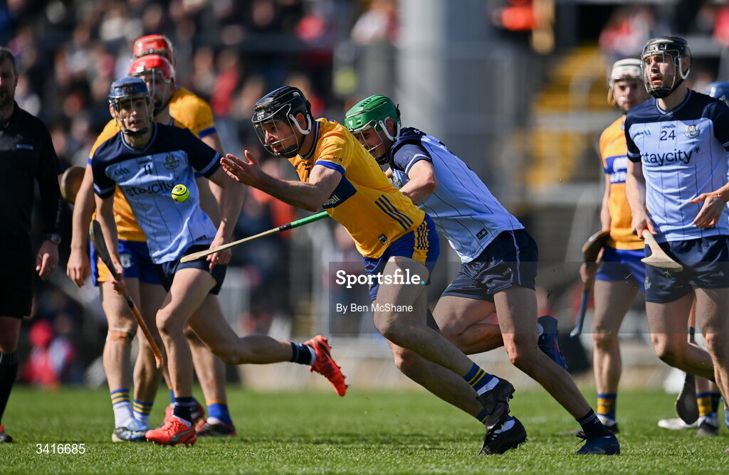 5 April 2026; Cathal Malone of Clare in action against Paddy Doyle of Dublin during the Allianz Hurling League Division 1B final match between Clare and Dublin at TUS Gaelic Grounds in Limerick. Photo by Ben McShane/Sportsfile
