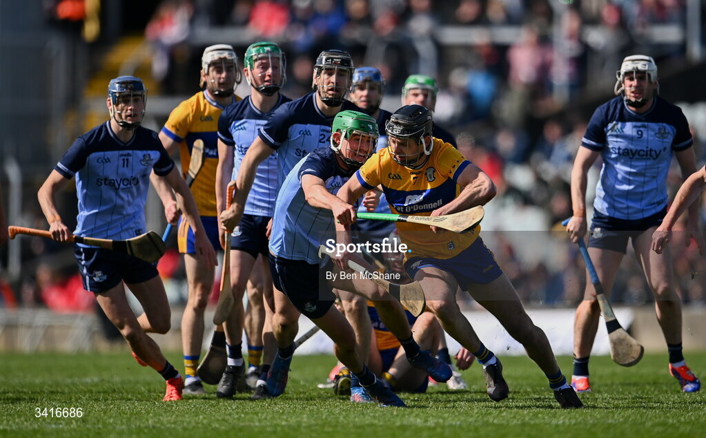 5 April 2026; Cathal Malone of Clare in action against Paddy Doyle of Dublin during the Allianz Hurling League Division 1B final match between Clare and Dublin at TUS Gaelic Grounds in Limerick. Photo by Ben McShane/Sportsfile