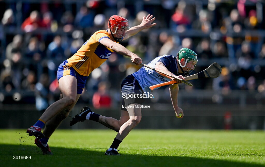 5 April 2026; Fergal Whitely of Dublin in action against Peter Duggan of Clare during the Allianz Hurling League Division 1B final match between Clare and Dublin at TUS Gaelic Grounds in Limerick. Photo by Ben McShane/Sportsfile